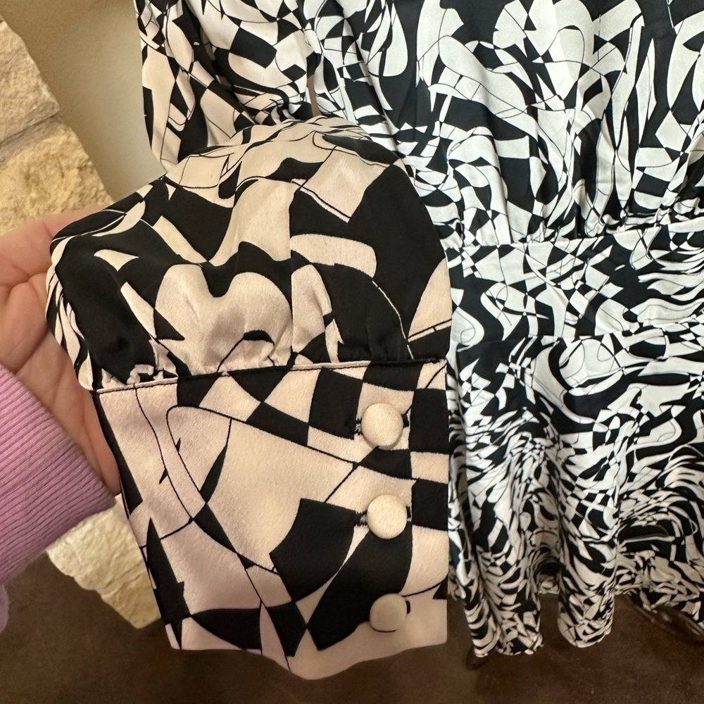 Women’s Black/White Satin, Patterned, Asymmetrical Mock Neck Dress — image 8 of 8